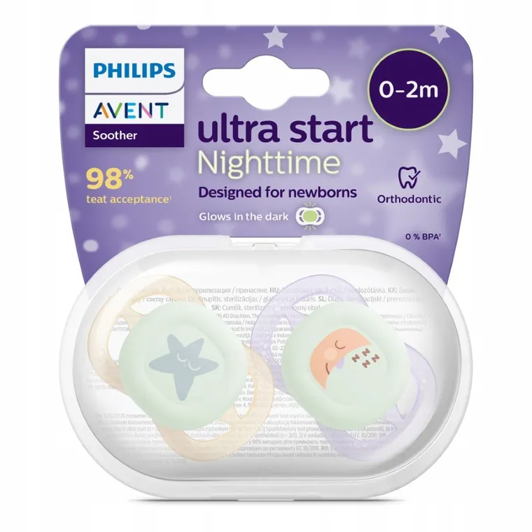 Philips Avent, Ultra Start Nighttime, smoczek uspokajający, 0-2m, 2 szt.