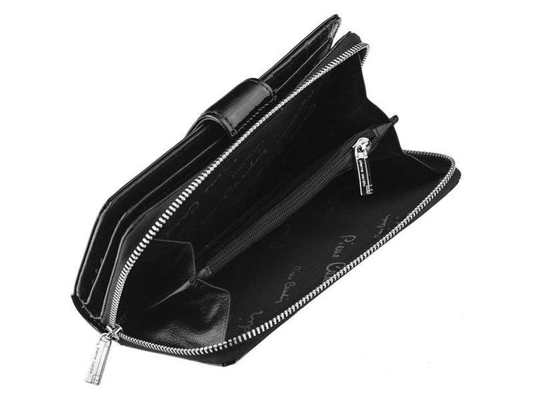 Pionowy, lakierowany portfel damski z opaską na zatrzask, Pierre Cardin