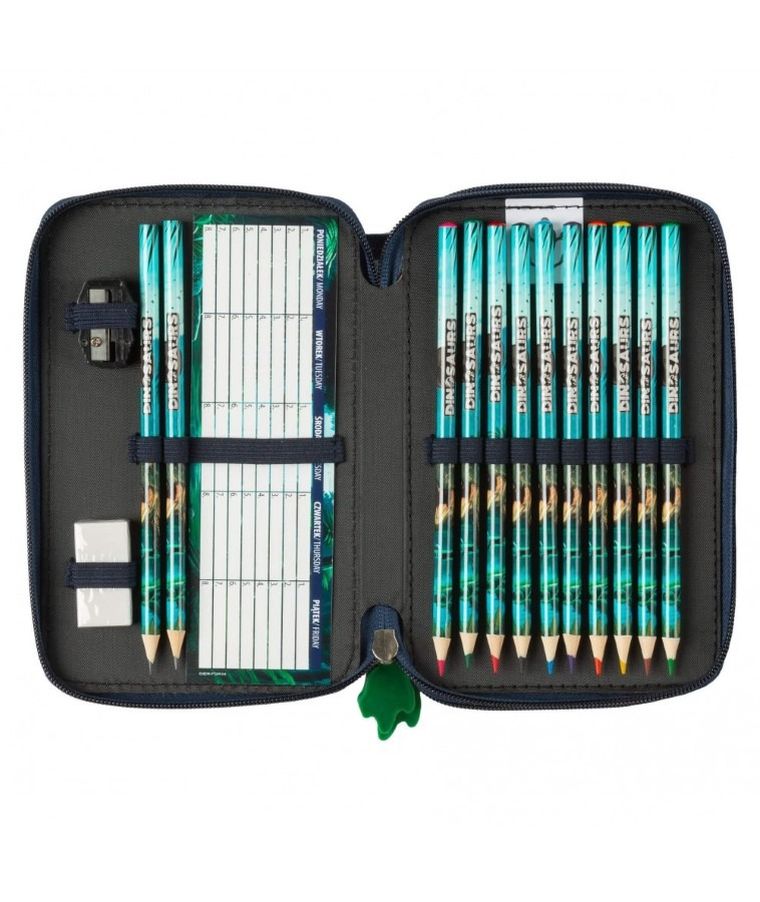 Piórnik rozkładany, podwójny, z wyposażeniem, Dinozaur