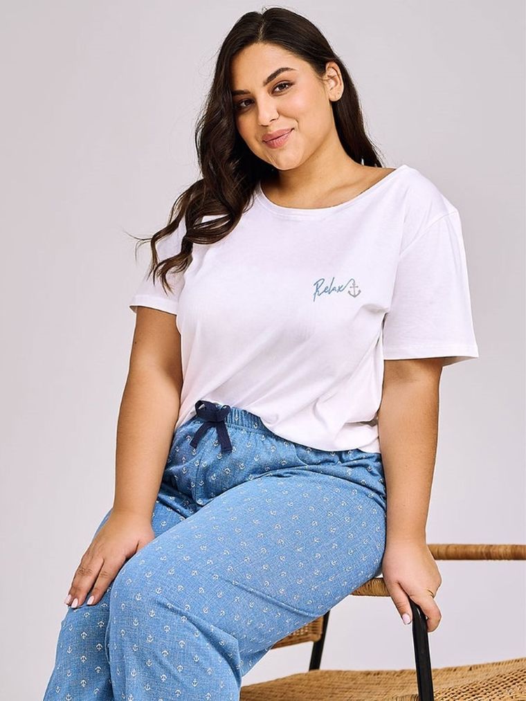 Piżama damska, plus size, biało-niebieska, Taro