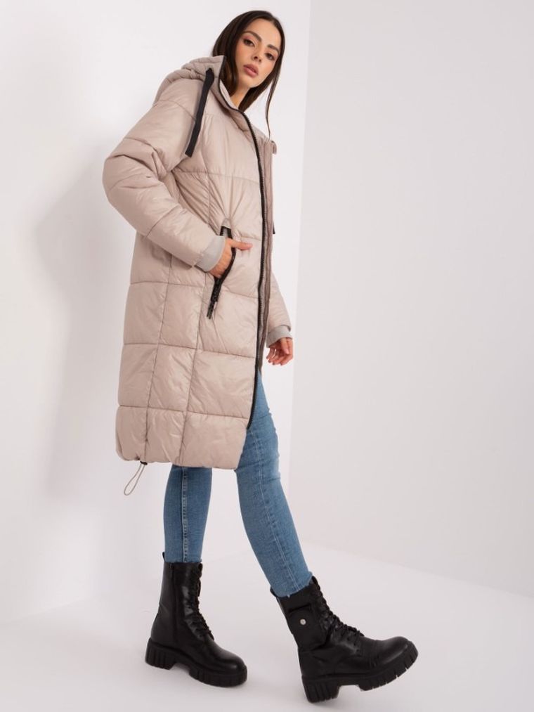 Płaszcz damski z kapturem, beżowy, Sublevel