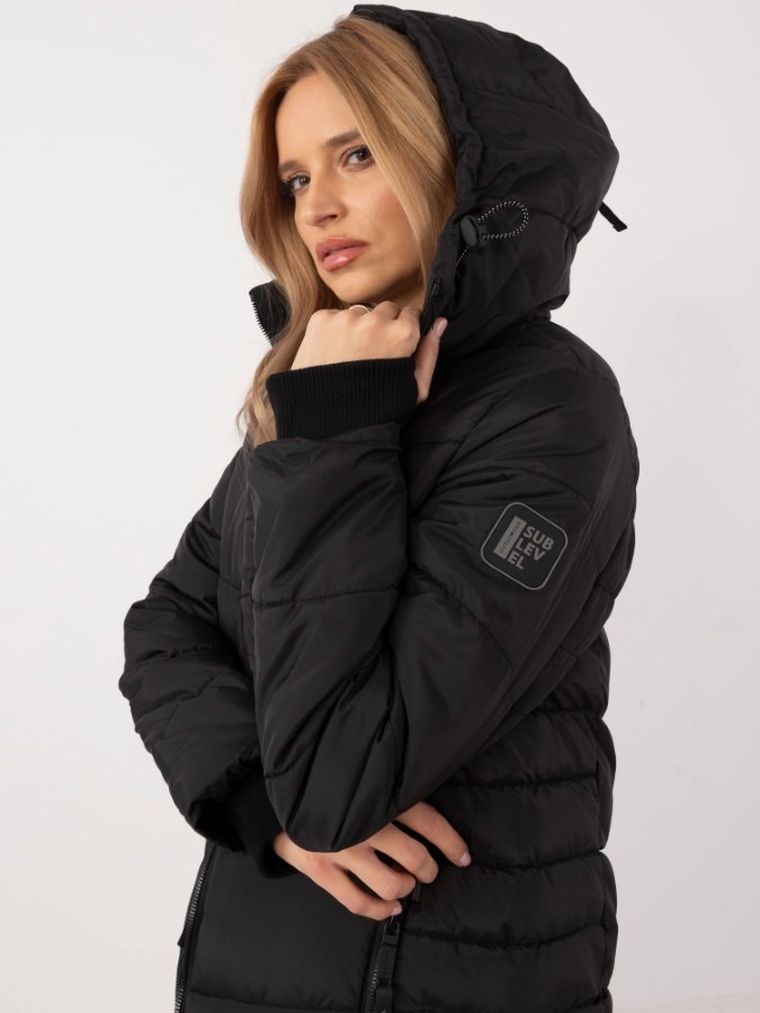 Płaszcz damski z kapturem, czarny, Sublevel