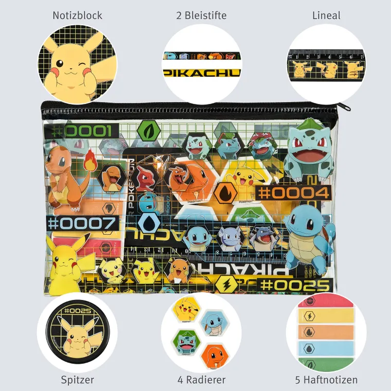 Pokemon, mini zestaw szkolny w saszetce z notatnikiem, linijką, ołówkami, gumkami, 10 elementów