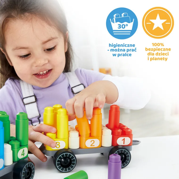 PolyM, Tęczowy pociąg do liczenia, klocki konstrukcyjne, 63 elementów