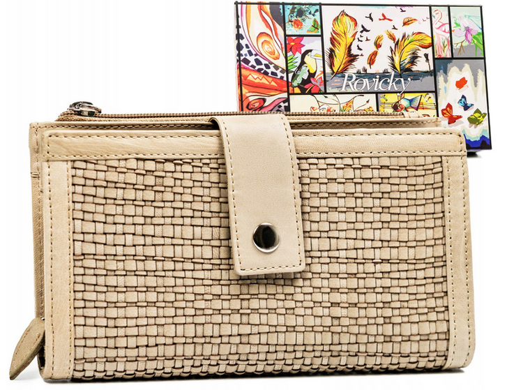 Portfel, beżowy, skórzany, RFID, Rovicky