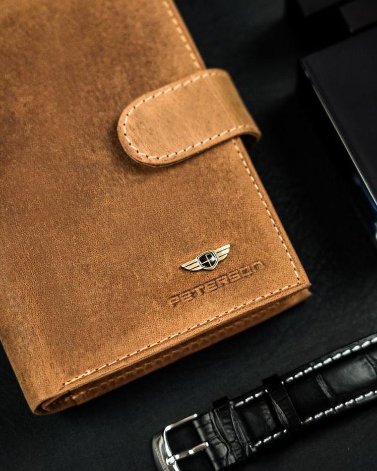 Portfel, brązowy, skórzany, Peterson