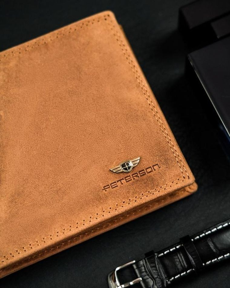 Portfel, brązowy, skórzany, Peterson