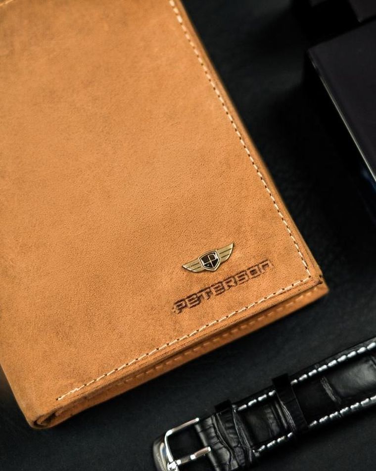 Portfel, brązowy, skórzany, RFID, Peterson
