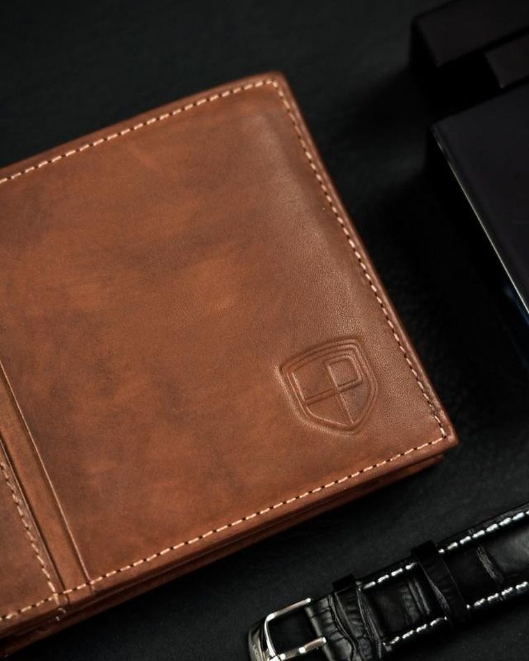 Portfel, brązowy, skórzany, RFID, Peterson