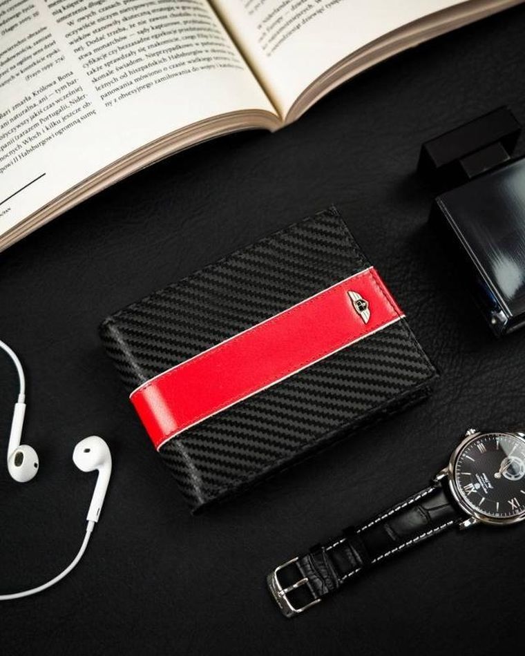 Portfel, czarno-czerwony, skórzany, Peterson