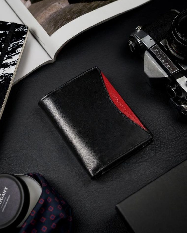 Portfel, czarno-czerwony, skórzany, RFID, Rovicky