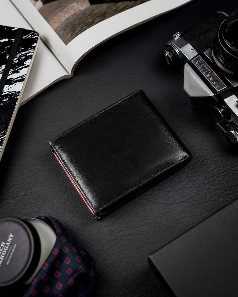 Portfel, czarno-czerwony, Skórzany, RFID, Rovicky