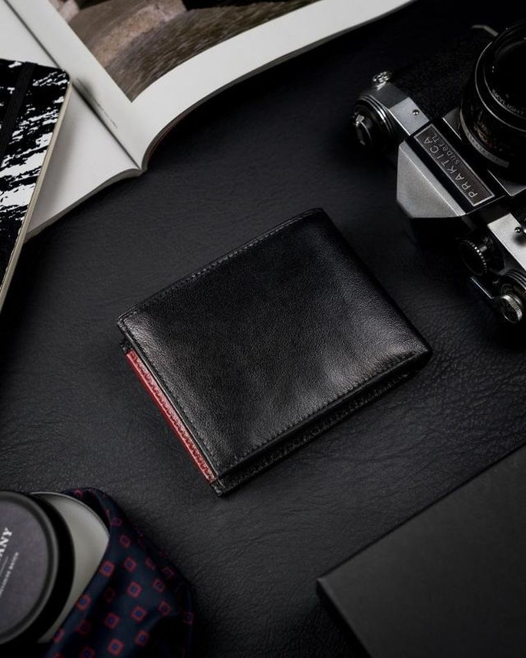 Portfel, czarno-czerwony, skórzany, RFID, Rovicky