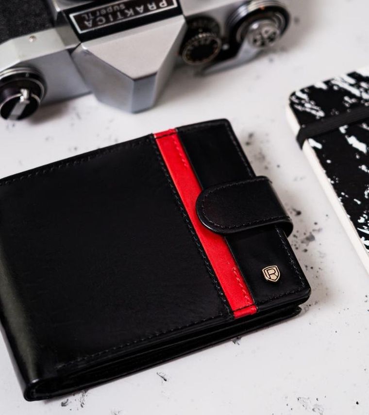 Portfel, czarno-czerwony, skórzany, RFID, Rovicky