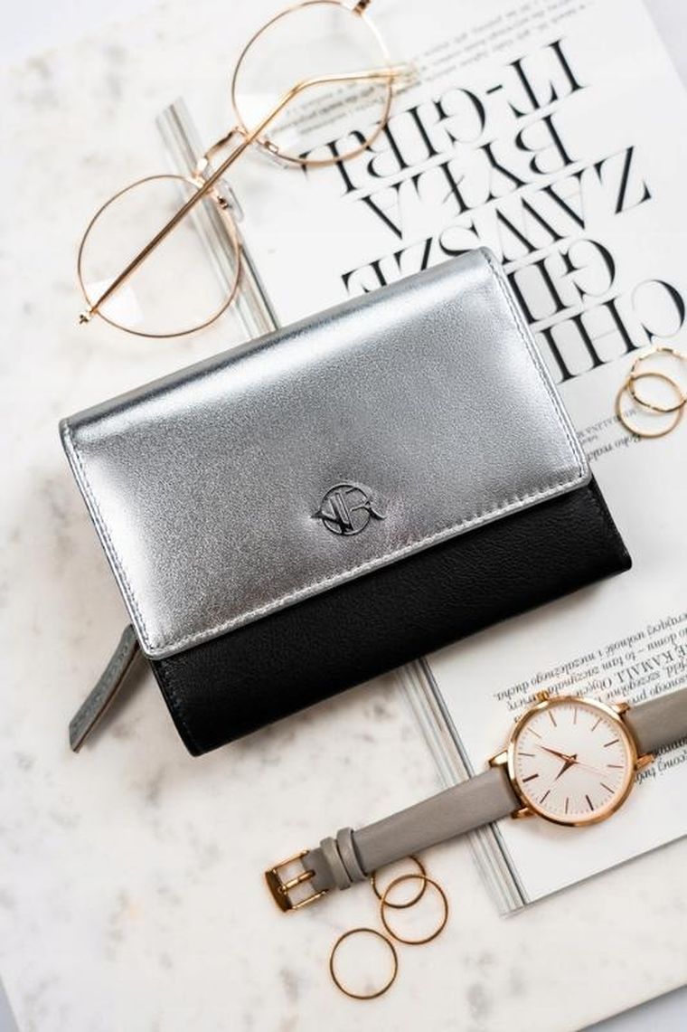 Portfel, czarno-srebrny, skórzany, Rovicky