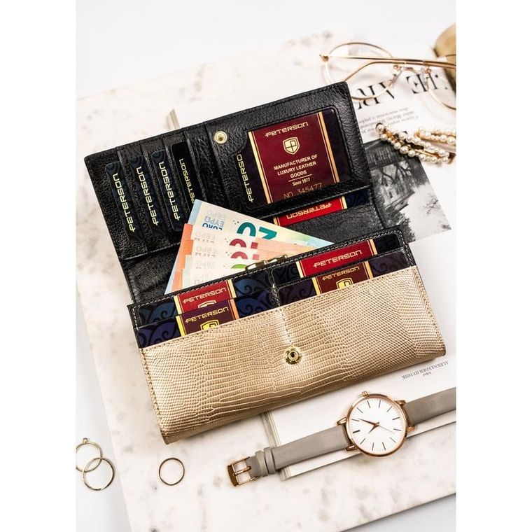 Portfel, czarno-złoty, skórzany, Peterson