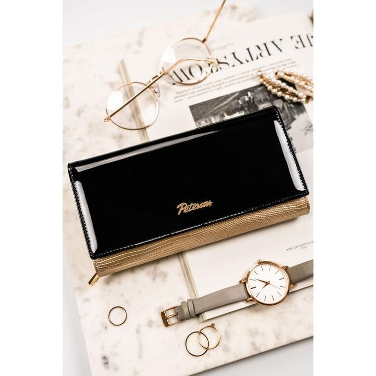 Portfel, czarno-złoty, skórzany, RFID, Peterson