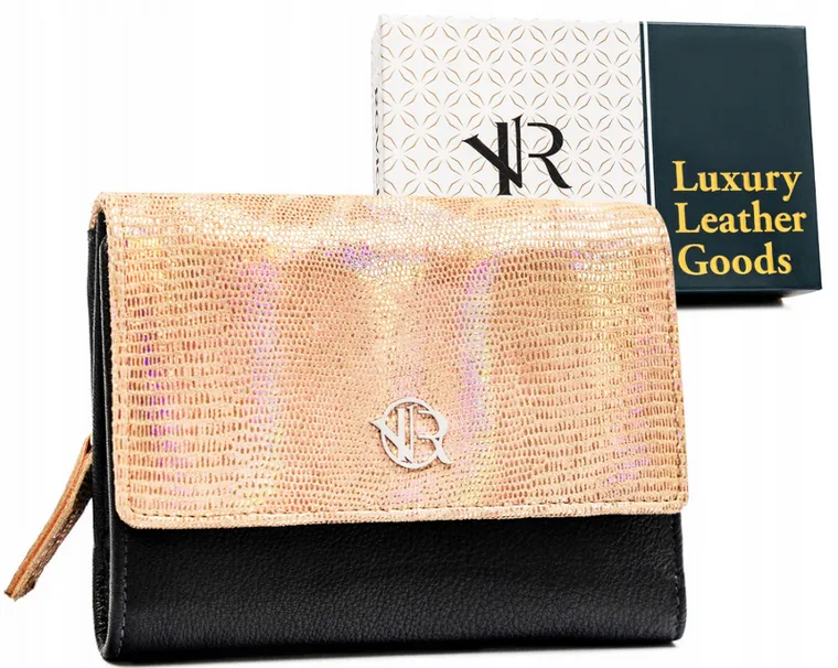 Portfel, czarno-złoty, skórzany, Rovicky