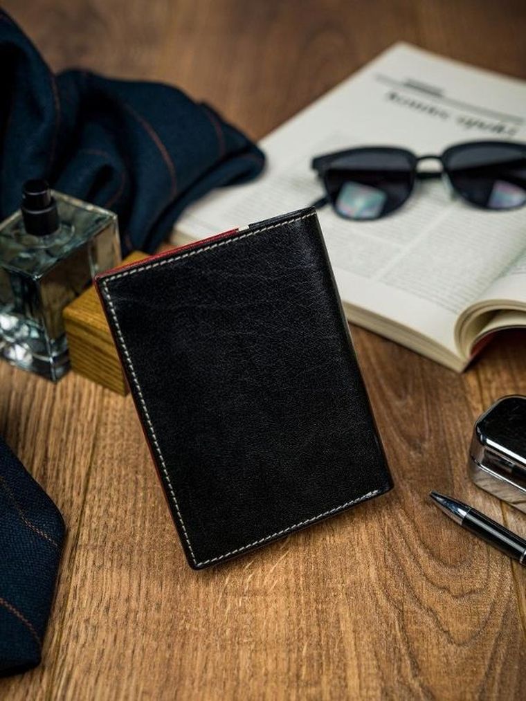 Portfel, czerwono-czarny, skórzany, RFID, Rovicky