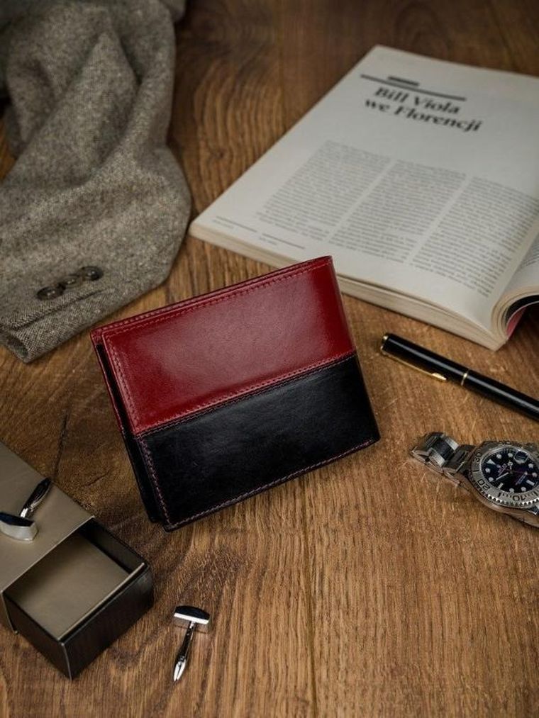 Portfel, czerwono-czarny, skórzany, RFID, Rovicky