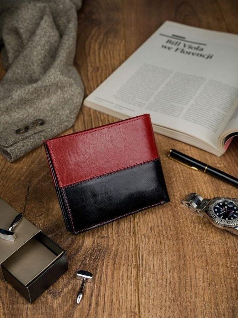 Portfel, czerwono-czarny, skórzany, RFID, Rovicky