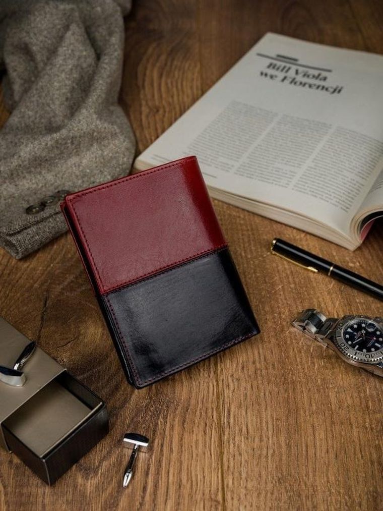 Portfel, czerwono-czarny, skórzany, RFID, Rovicky