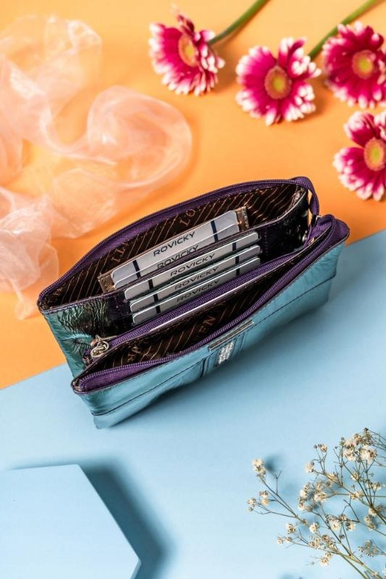 Portfel, fioletowy, skórzany, RFID, Lorenti