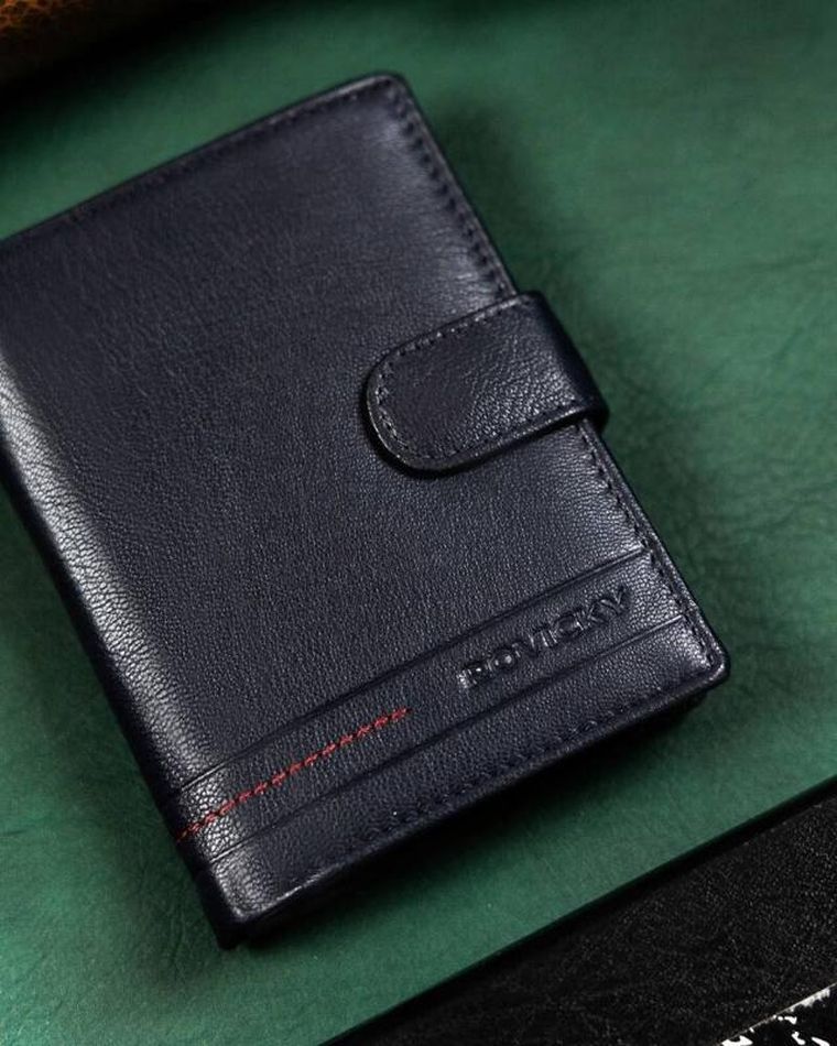 Portfel, granatowy, skórzany, RFID, Rovicky