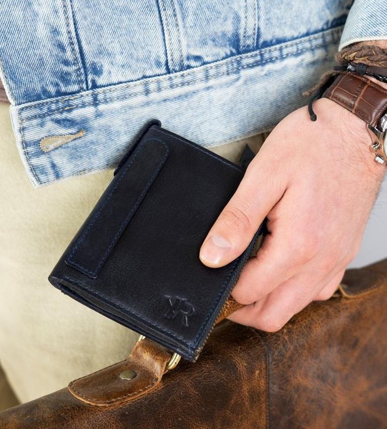 Portfel, granatowy, skórzany, RFID, Rovicky