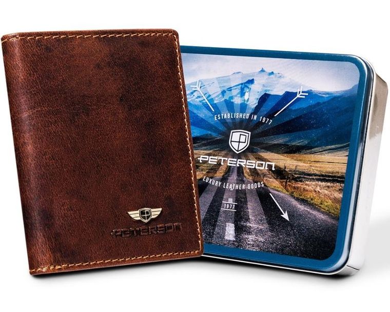 Portfel na karty, brązowy, skórzany, Peterson