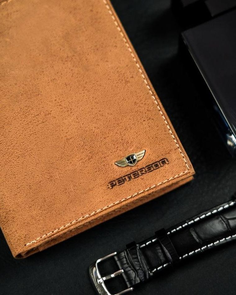 Portfel na karty, brązowy, skórzany, Peterson