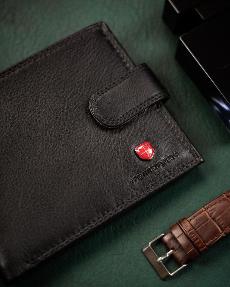 Portfel na karty, czarny, skórzany, Peterson