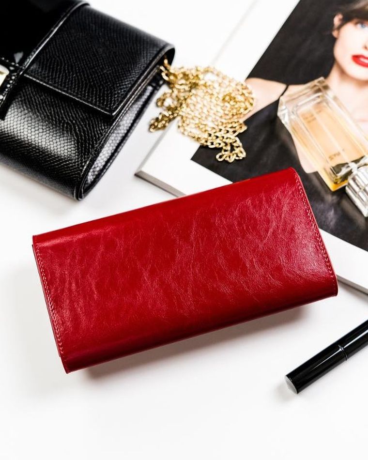 Portfel na karty, czerwony, skórzany, RFID, Peterson