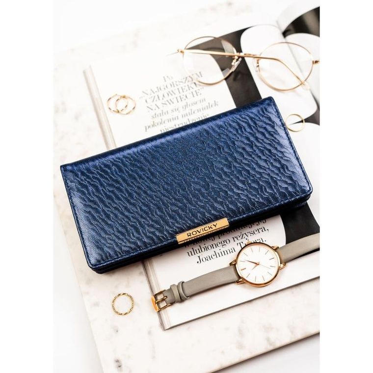 Portfel-piórnik, granatowy, skóra ekologiczna, RFID, Rovicky
