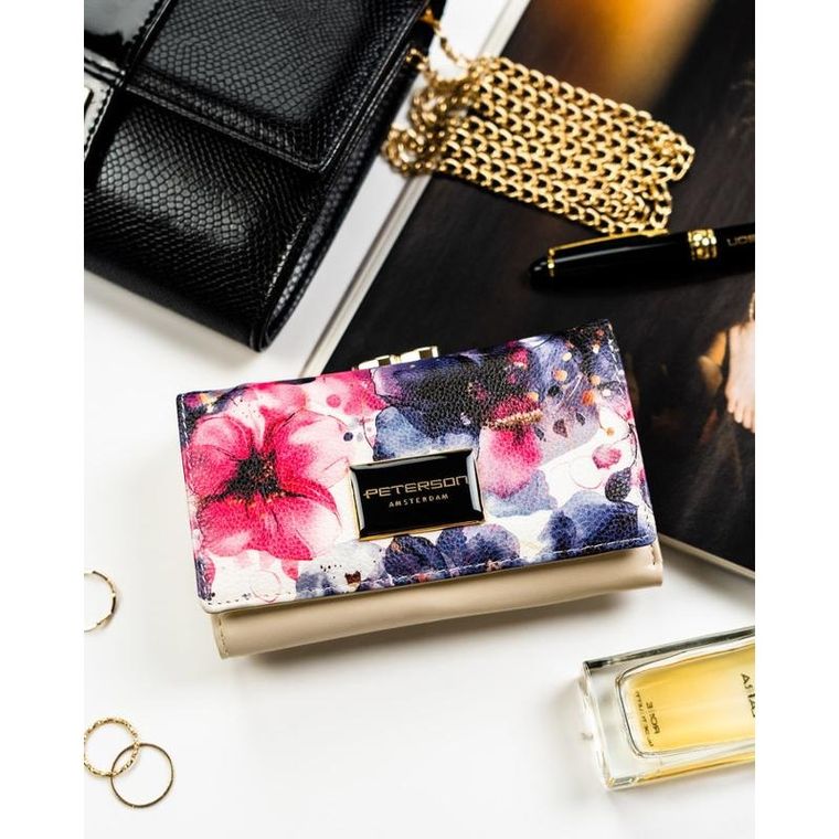 Portfel, skóra naturalna i ekologiczna, kwiatowy wzór, Peterson