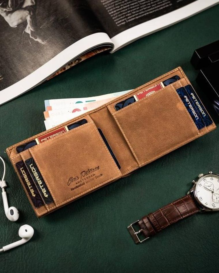 Portfel z kieszonką na kartę, brązowy, skórzany, Peterson