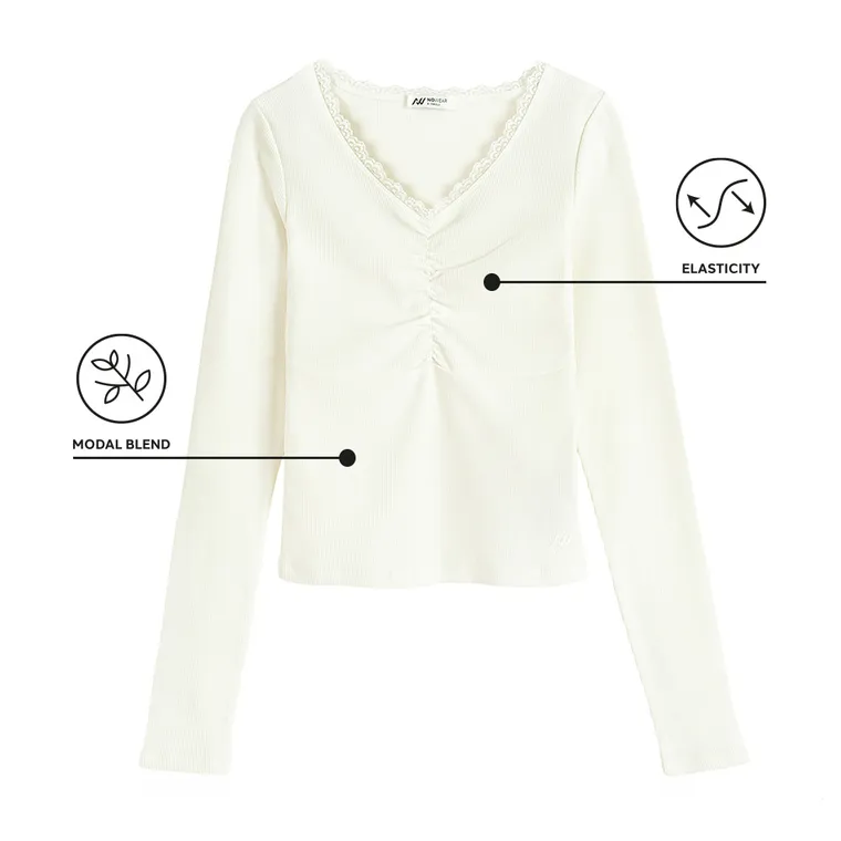 Prążkowana bluzka ecru z koronką NOWEAR