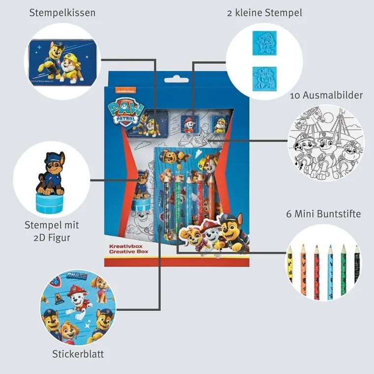 Psi Patrol, zestaw kreatywny, kolorowanki, naklejki i stempel, figurka 2D, 21 elementów