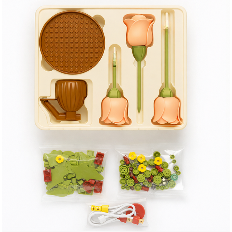 QBI, Blooming Roses, pudrowe róże, interaktywne klocki konstrukcyjne, 255 elementów