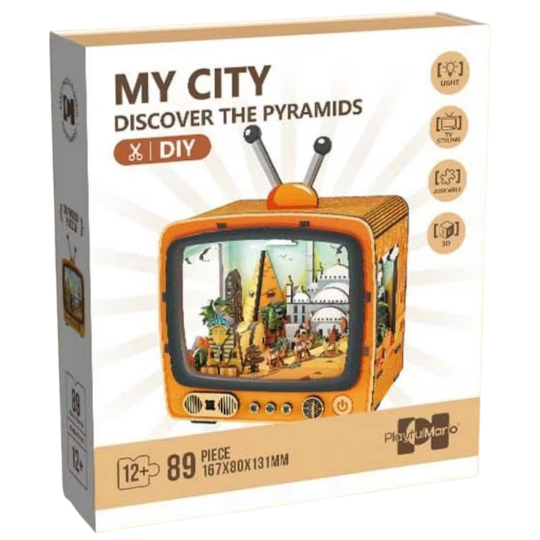 QBI, Egipskie Piramidy, miniaturowy telewizor retro, podświetlenie LED, puzzle 3D, 89 elementów