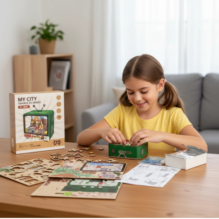 QBI, Wycieczka do Wenecji, miniaturowy telewizor retro, podświetlenie LED, puzzle 3D, 118 elementów