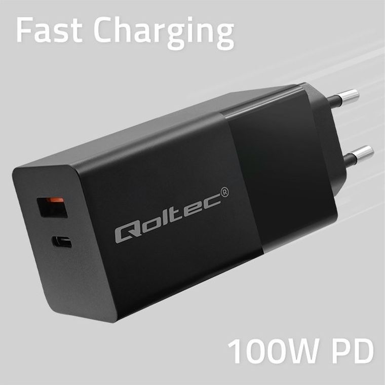 Qoltec, Gan Power Pro, ładowarka, 1XUSB-C, 1XUSB, 100W, 5-20V, 1.5-5A, PD, czarna