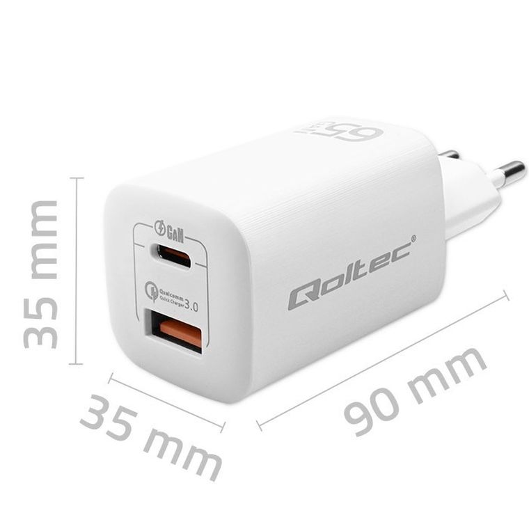 Qoltec Ładowarka Sieciowa 65w Gan Ultra, 5-20v, 2.25-3.25a, 1 X USB Typ C Pd, 1 X USB Qc 3.0 |, biała