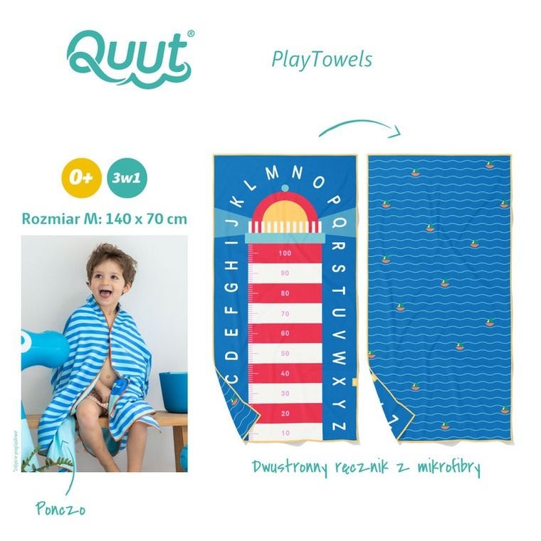Quut, PlayTowels, dwustronny ręcznik plażowy, Lighthouse Blue, 70-140 cm