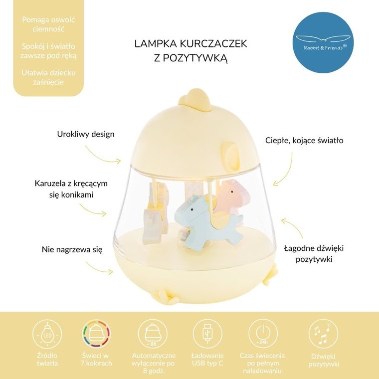 Rabbit & Friends, Kurczaczek, lampka z pozytywką, żółta