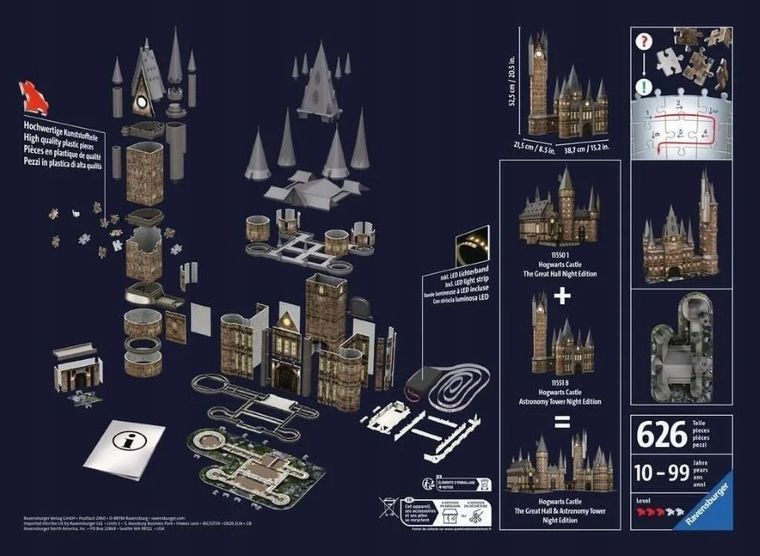 Ravensburger, Budynki nocą: Zamek Hogwarts Wieża, puzzle 3D