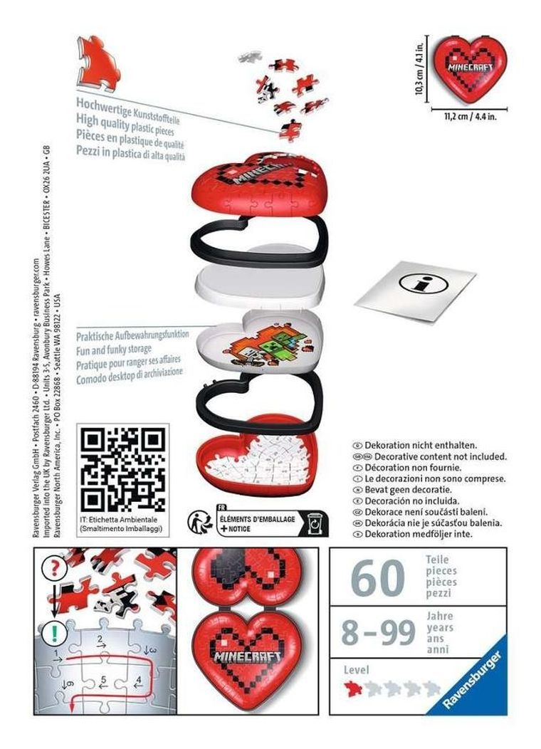 Ravensburger, Minecraft, serce, puzzle 3D, 60 elementów