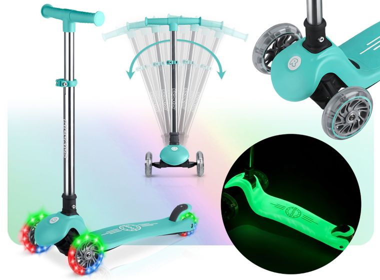 Ricokids, Glow, hulajnoga 3-kołowa, balansowa, świecąca w ciemności, turkusowa