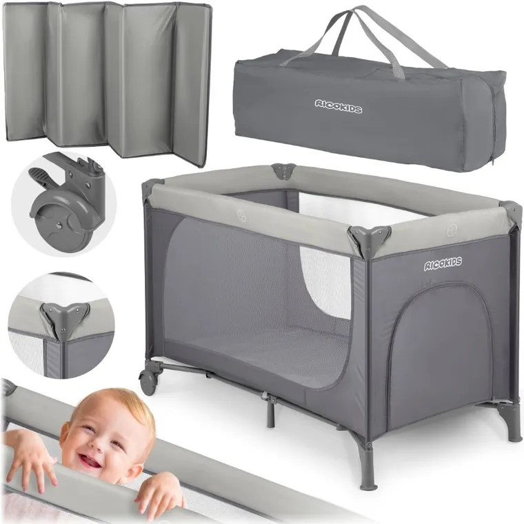 Ricokids, łóżeczko turystyczne, z materacem i torbą, ciemnoszare