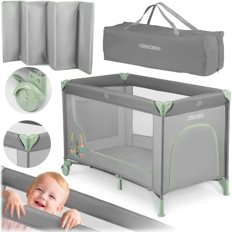 Ricokids, łóżeczko turystyczne, z materacem i torbą, szaro-miętowe